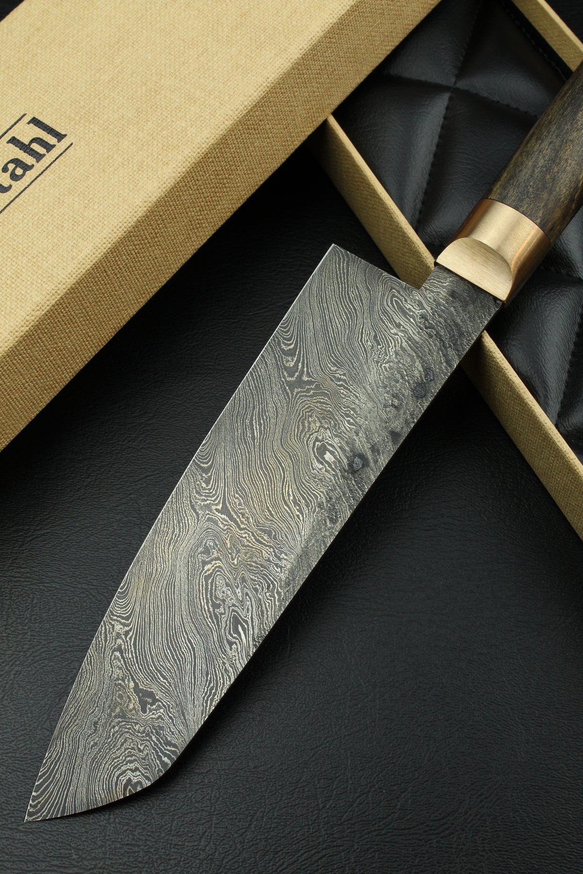 Damast-Santoku 300L Torsion Schwarzes Ebenholz Oval