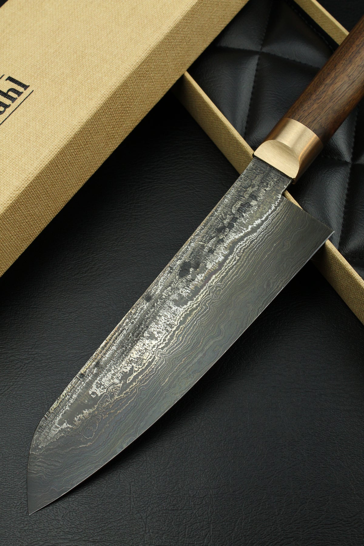 Damast-Santoku 320L, deutsche Walnuss